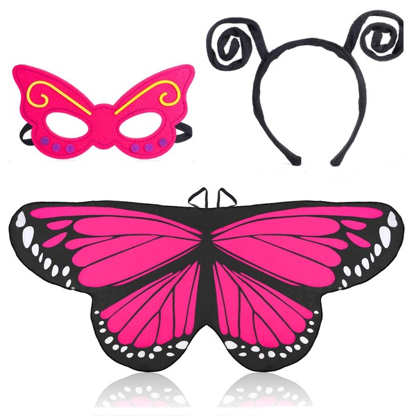 Beelittle Butterfly Wings Costume 3 Pieces Fancy Dress-Up Set Butterfly Wings Cape Shawl with Antenna Headband and Mask for Girls Children (Rose Red)