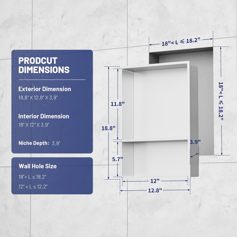 BWE 13 x 19 Stainless Steel Shower Niche No Tile