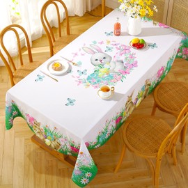 Easter Rectangle Tablecloth, Spring Floral and Bunny Table Cloths Dust-Proof Wrinkle Resistant Polyester Table Cover for Decoration Holiday Kitchen Dinning Tabletop(60"x120")