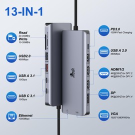USB C Docking Station 4 Monitors 13 in 1 USB C Hub with 8K @ 30Hz DisplayPort, 2 HDMI 4K @ 60Hz, VGA, 3 USB A/C 3.1 (10Gbps), PD 100W, Gigabit Ethernet, SD/TF Multi-Monitor Adapter for MacBook Dell HP