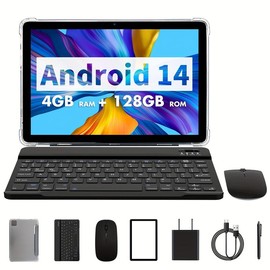 Tablet 10.1-inch Android 14 operating system Tableta, 2-in-1 tablet with keyboard, mouse, protective case, stylus, 128GB ROM+(4GB+4GB expansion) RAM, 8MP dual camera, 8-core processor, 8000mAh battery, 1280 * 800IPS high-definition display, Tab, Wi Fi 6,
