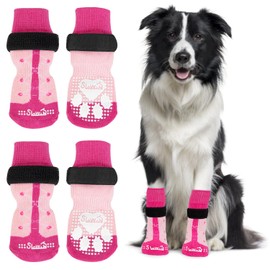 SlowTon 2 Pairs of Indoor Non-Slip Socks for Dogs, Soft Adjustable Paw Protection with Velcro Fastening for Indoor Hardwood Floors, Dog Socks for Small, Medium, Large Dogs (Rose Red, M)