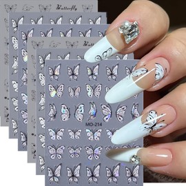 6 Sheets Aurora Butterfly Nail Stickers 3D Laser Butterfly Nail Art Stickers for Nail Designs Spring Nail Stickers Nail Art Supplies Self-Adhesive White Butterfly Stickers for Women DIY Acrylic Nails