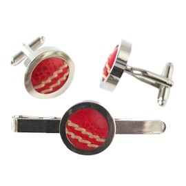 Cricket Ball Cufflinks and Tie Slide Set Hand Cut from a Real Cricket Ball - 3rd anniversary gift - leather *