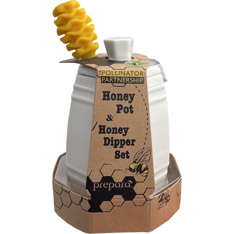 Prepara Ceramic Honey Pot and Dipper Set, Wood/Silicone