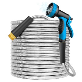 Stainless Steel 75FT Garden Hose with 10 Functions, Adjustable Spray Nozzle, Flexible Durable No Kink Leak Dog Proof Metal Water Hose for Yard Lawn