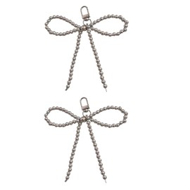 COLORFUL BLING 2Pcs Pearl Bow Keychain Y2K Beaded Pearl Bowknot Key Chain Phone Charm Bag Charms Pruse Car Charms-2PCS-silver