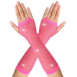 DIVINA VITAE Rhinestone Fishnet Gloves Long Fishnet Fingerless Gloves Fish Net Arm Sleeves 80s Emo Scene Halloween Women Girl
