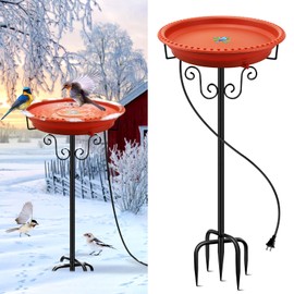 Heated Bird Baths for Outdoors for Winter, Lovppy 100W Heated Bird Bath Water Heater with Thermostatically Controlled, Heated Bird Baths Bowl with Metal Stake for Outside Garden Patio Yard (Brown)