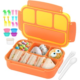 QQKO Bento Box for Kids Adults, School Toddler Lunch Box for Boys Girls, Lunch Box Containers with 4 Compartments, Sauce Container, Utensils, Food Picks and Muffin Cups for School, Orange Yellow