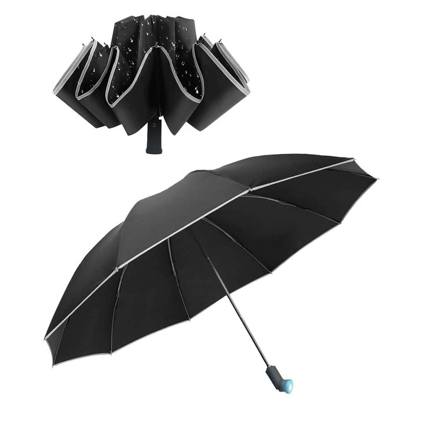 FL-Products Folding Umbrella, LED Light, Men's, Women's, Umbrella, Security Goods, Disaster Prevention Goods, Reverse Opening, Automatic Open/Close, Parasol, Black