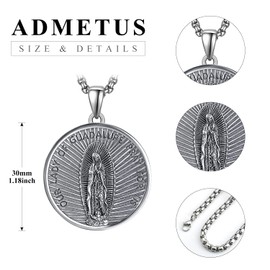 ADMETUS Virgen de Guadalupe Necklace 925 Sterling Silver Our Lady of Guadalupe Necklace Medal Protection Jewelry Religious Gifts for Men