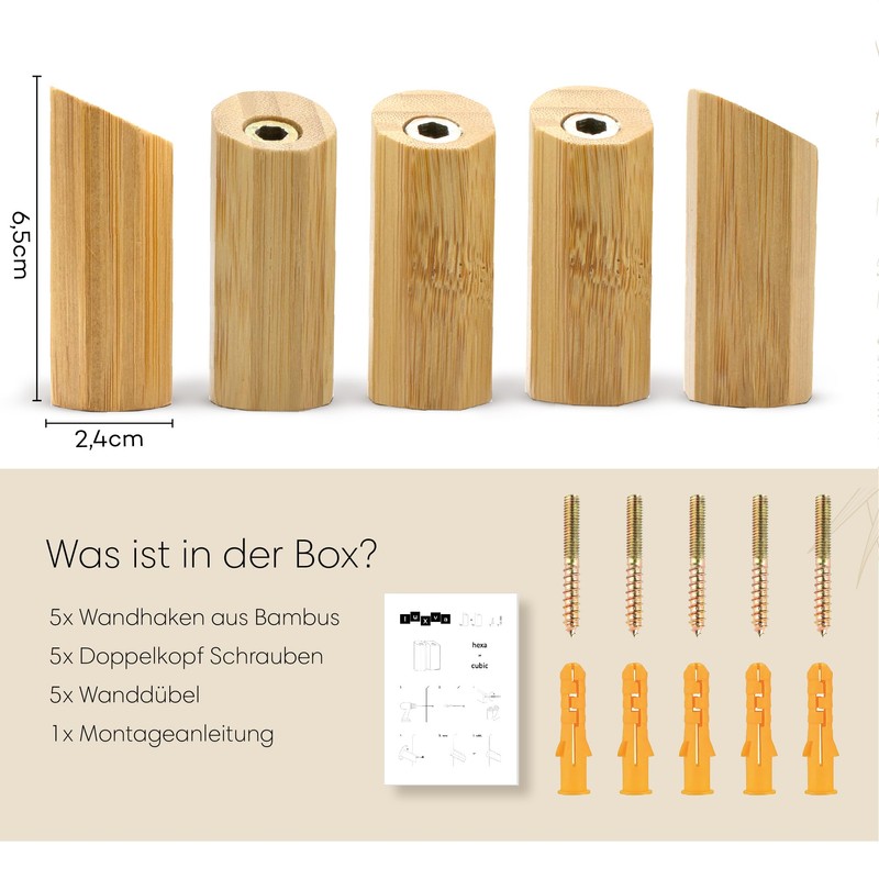 luXva® Bamboo Wall Hooks, Pack of 5, Stylish Wooden Coat