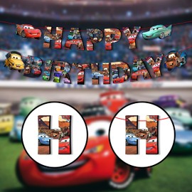 Caars Theme Happy Birthday Banner – Racing Party Decorations – Lightning Caar Birthday Supplies – Race Caar Birthday Banner for Toddlers, Party Decor
