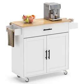 SogesGame Rolling Kitchen Island Cart with Drop-Leaf, 35.4" Width Mobile Carts with Storage Cabinet, Rolling Kitchen Table with Spice Rack, Towel Rack, and Drawer, Portable Islands on Wheels, White