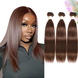 Allrun Brown Human Hair Bundles Straight Brown Bundles Human Hair Straight 3 Pcs Hair Extension Unprocessed Brazilian Remy Hair 4# Color 141618 Inch
