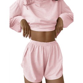 Kistore Womens 2 Piece Long Sleeve Pajama Sets Side Split Shorts Set Sleepwear Pjs Lounge Matching Comfy Sets Pink White Striped X-Large