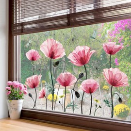 decalmile Poppy Flower Window Clings Pink Watercolor Floral Blossom Plants Window Decals Anti-Collision Glass Window Doors Window Stickers