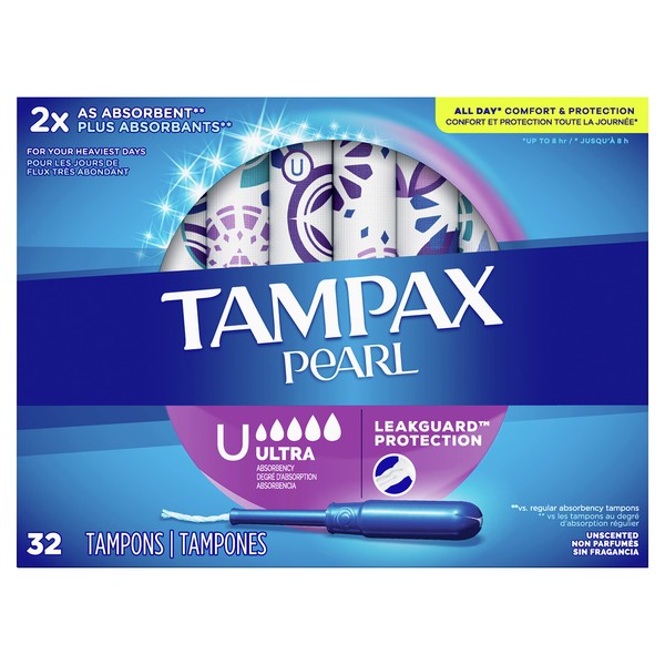 Tampax Pearl Tampons Ultra Absorbency with Leakguard Braid, Unscented, 32Count