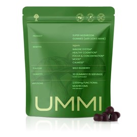 UMMI UMMI 12-in-1 Super Mushroom Gummies with Lion's Mane, Reishi, Cordyceps - 2500mg Functional Mushrooms Complex for Immunity, Focus, Mood & Energy - Vegan Supplements, Raspberry Flavour (30 Gummies)