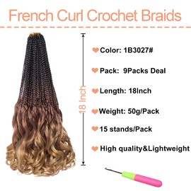 Mscat 9 Packs French Curl Crochet Braids 18 Inch Pre Looped Bohemian Goddess Box Braids Crochet Hair Synthetic French Curly Braiding Hair for Women 1B3027#