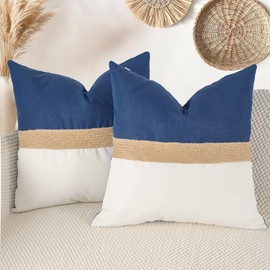 Pack of 2 Navy Blue Jute Rope Textured Patchwork Throw Pillow Covers, 20x20 Inch Soft Boho Neutral Decorative Cushion Cases for Couch, Bed and Living Room, Spring Farmhouse Aesthetic Home Decor