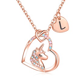 Hidepoo Unicorn Necklace - 14K Rose Gold Plated Cubic Zirconia Heart Pendant Unicorn Necklace Jewelry Gifts L Initial Heart Unicorn Necklace Heart Necklace Birthday Gifts Unicorns Gifts