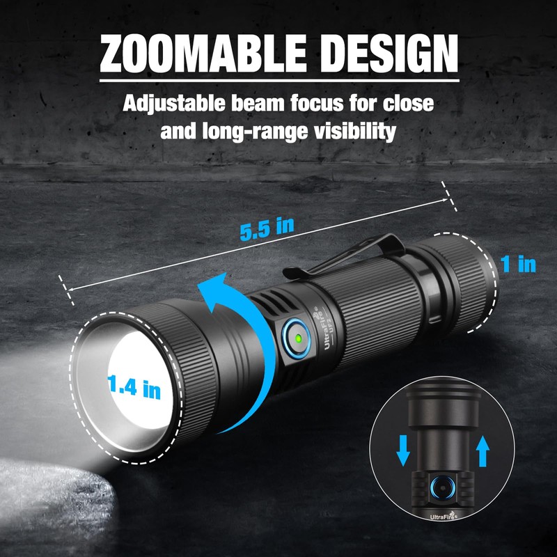 ULTRAFIRE 1500 Lumens Rechargeable Flashlight, Ultra-Bright, Zoomable & Magnetic, 5