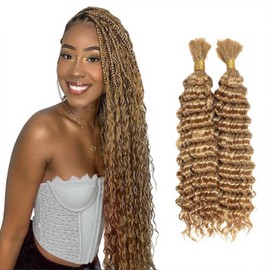 Kameinike Honey Blonde Deep Wave Bulk Human Hair for Boho Braids, 2 Bundles/Pack 100g No Weft 12A Curly for Human Braiding Hair Extensions（18 Inch，#27）