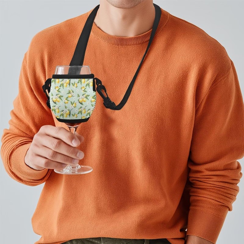 WHOSGNIHT Lemon Frangipani Stemless Wine Glass Insulator Lanyard Adjustable Wine