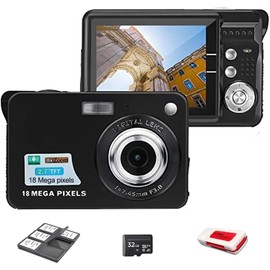 18MP Megapixel Digital Camera Kit with 2.7" LCD Screen, Rechargeable Battery, 32GB SD Card, Card Holder, Card Reader, HD Photo & Video for Indoor, Outdoor Photography for Adults, Kids (Black)