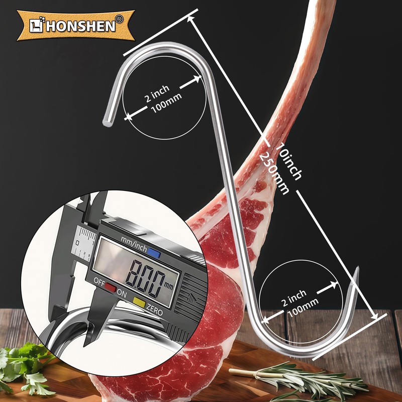 HONSHEN 10" Meat Hooks,8mm Heavy Duty S-Hooks Stainless Steel Meat