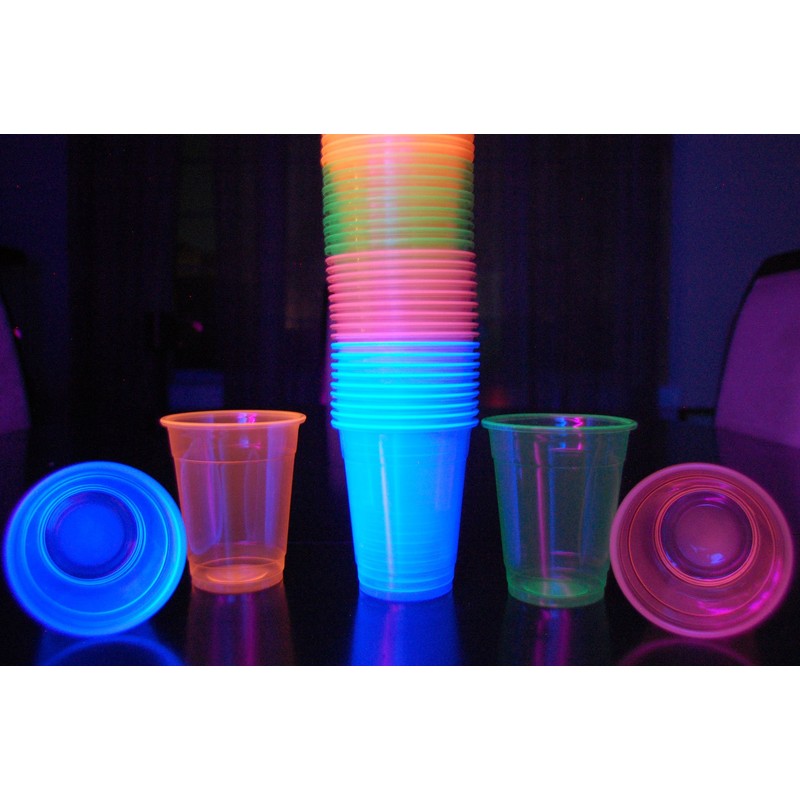 DirectGlow 12oz Neon Assorted Blacklight Reactive Soft Plastic Cups (Multicolor,