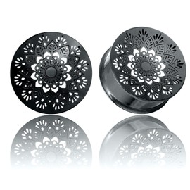LADEMAYH Classical Mandala 5/8 Gauges for Ears - Black 16mm Plugs for Women, Surgical Steel Tunnels Earrings Body Jewelry