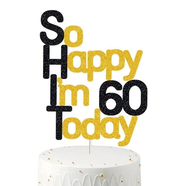 ¡Tan feliz que tengo 60 hoy! Decoración para tartas de cumpleaños, purpurina negra, decoración para tartas de 60 cumpleaños, 60 decoraciones para tartas