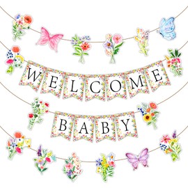 VitalCozy Wildflower Baby Shower Banner Decorations for Girls Butterfly Flower Birthday Decor, Butterfly Floral Baby Banners for a Little Wildflower Is on Her Way Party and Flower Themed Events