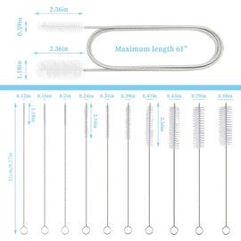 11 Piece Straw Cleaning Brush Set, Pine Drain Brush - 155CM U-Shaped Straw Cleaning Brushs Extra Long and 10 Sizes Flexible Pipe Cleaning Brush, Nylon Sink Pipe Tools, Durable Nylon Bristles, White