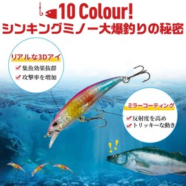 Lures Set, Minnow, Sinking Minnow, Fishing Lure Set, Mountain Stream Trout Lure, Explosion Fishing, Minnow with Lip, Double Hook, Sea Bass Flounder, 2.4 inches (6 cm), 0.16 oz (4.5 g), 10 Colors Set