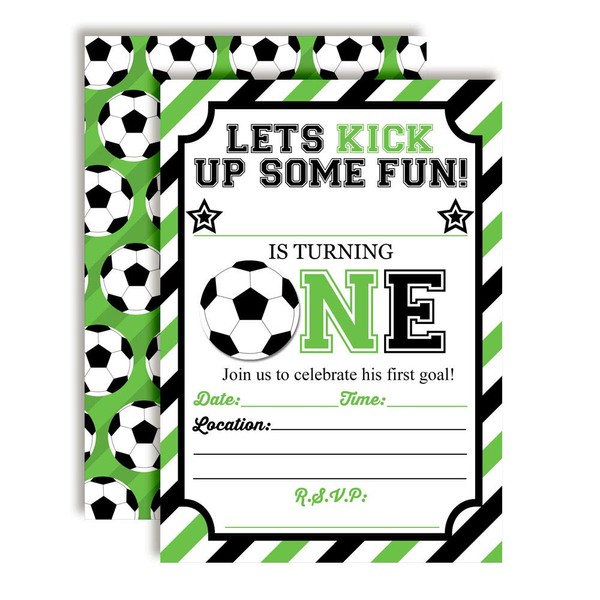 Green & Black Kick Up Some Fun Soccer Themed 1st Birthday Party Invitations for Boys, 20 5"x7" Fill In Cards with Twenty White Envelopes by AmandaCreation