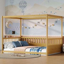 Full Size Canopy Bed Frame with 4 Posters and Guardrails, Full Size Montessori Floor Bed with High Fence, Natural