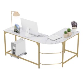 Teraves Reversible L Shaped Desk White - 66.1" Corner Gaming Computer Desk, Office Workstation Modern Home Study Writing Table, Marble Gold