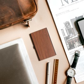 Oddly Perfect Wooden Business Card Holder, Mahogany Wood with Black Stainless Steel Interior, Compact and Elegant Card Case for Professionals, Desk and Travel