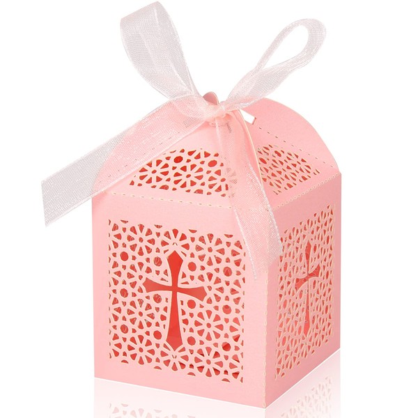 KPOSIYA 70 Pack Baptism Favor Boxes,Laser Cut Candy Boxes with Ribbons, Party Favor Small Gift Boxes for Baby Shower Baptism Decorations First Birthday Party Christening Favor (Pink-70)