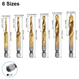 sourcing map 6pcs Combination Drill Tap Bit Set 1/8-40 BSW to 3/8-16 BSW High-Speed Steel 1/4" Hex Shank Titanium Coated Screw Threading Drilling Tapping Tool Kit