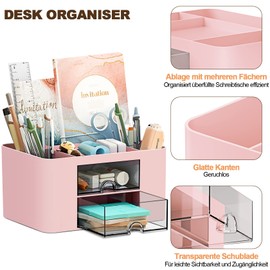 PAMIYO Desk Organiser, 7 Compartments, Plastic Office Organiser, Multifunctional Pen Holder, Desk with Drawer, Plastic Table Organiser, Pen Holder for Office, Home, School (Pink)