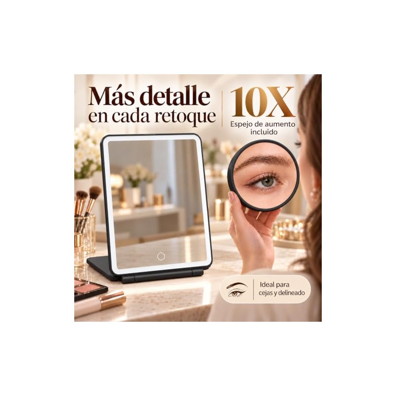 Espejo con Luz de Viaje Plegable,Espejo Maquillaje y Espejo Pequeño