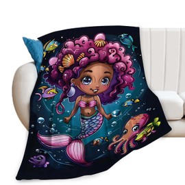Black Girl Mermaid Blanket Mermaid Decor Throw Blanket Gifts for Girls Boys Mermaid Lover Winter Couch Bedding Super Warm Soft Plush Lightweight Fleece Flannel Blanket for Kids Adult Men Women 50"X40"
