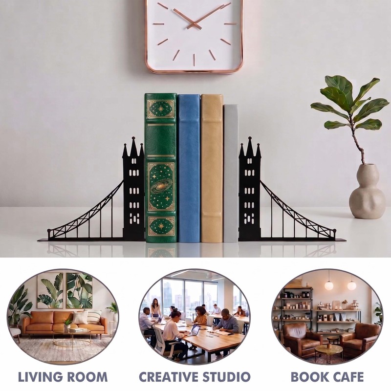 Zckjnoi London Bridge Metal Bookends for Shelves, Black, 1 Pair