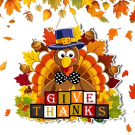 Thanksgiving Door Signs Wooden Turkey Wreath for Front Door Rustic Wall Plaque Give Thanks Decoration Hanging for Fall Autumn Harvest Home Yard Farmhouse Office Outdoor