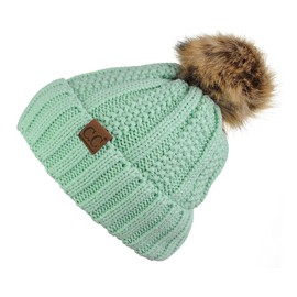 C.C Thick Cable Knit Faux Fuzzy Fur Pom Fleece Lined Skull Cap Cuff Beanie, Mint
